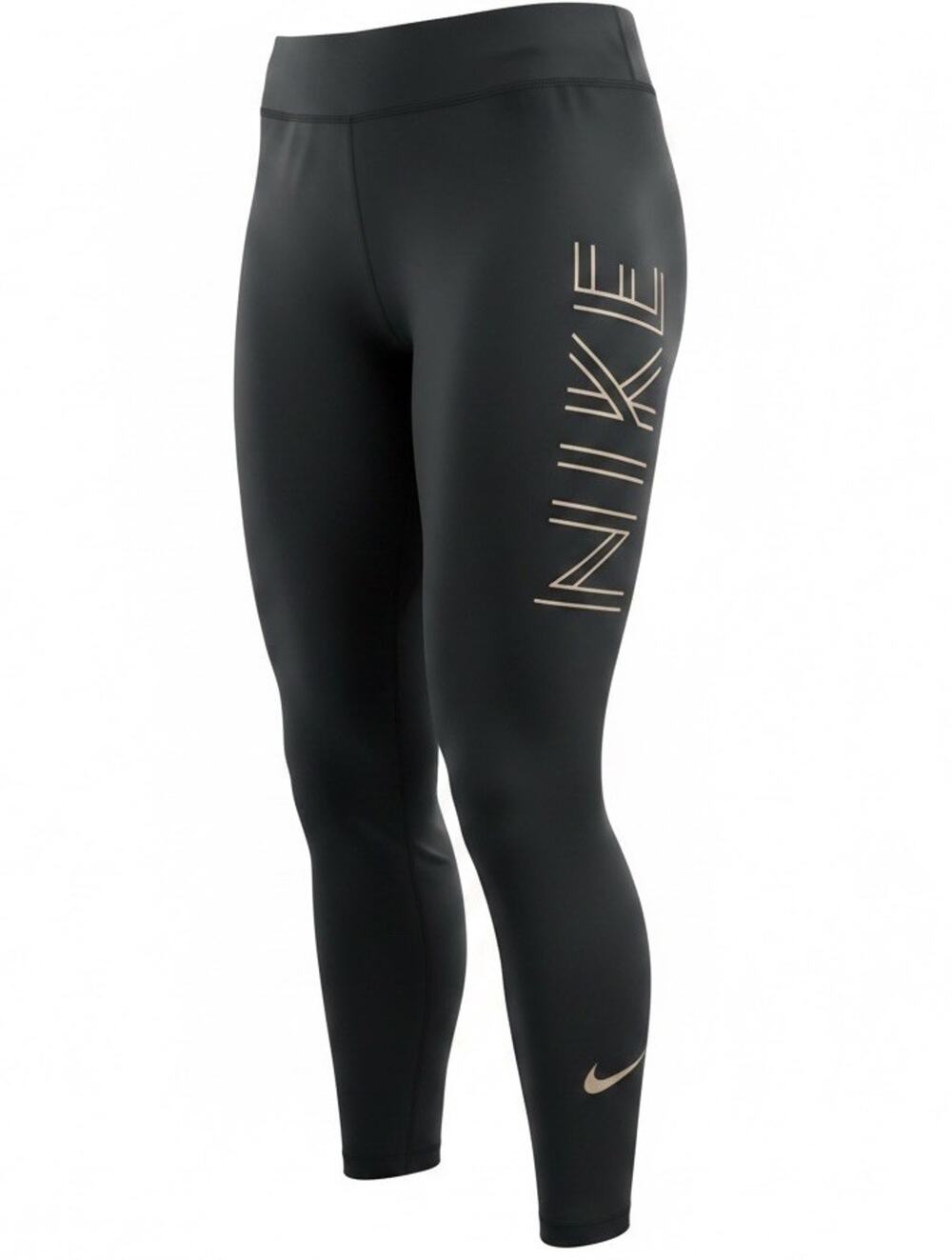 Nike Spell Out Swoosh Leggings Black Gold Logo Run Gym Compression Pants XS NEW